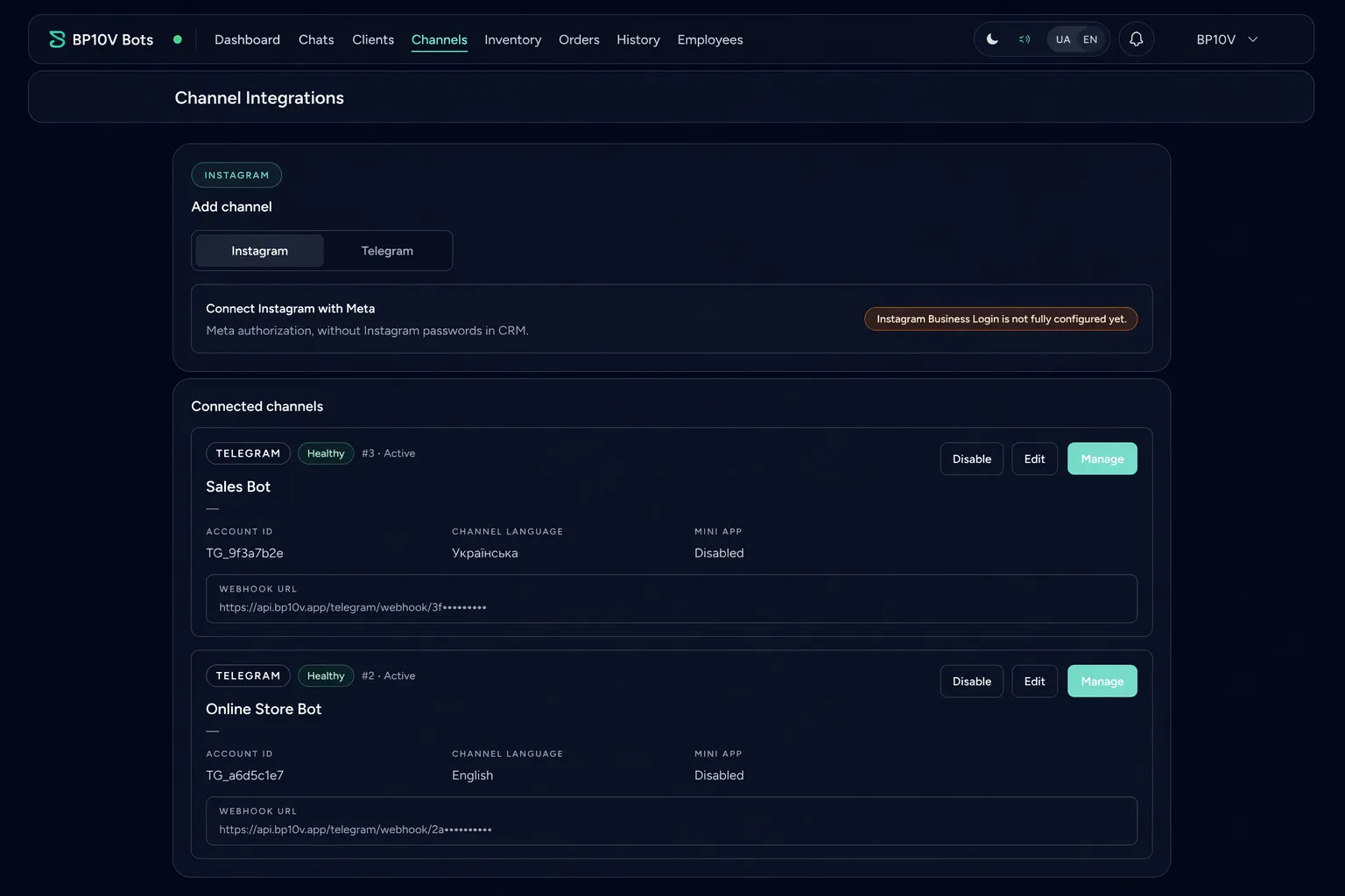 BP10V Bots channel integrations for Telegram and Instagram