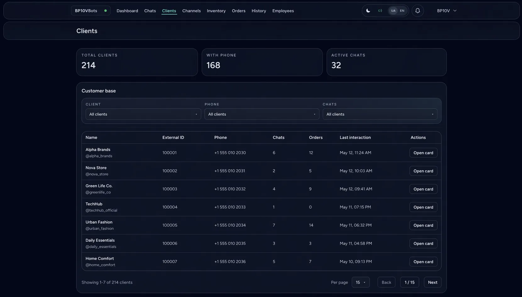 BP10V Bots client database connected with chats and order history