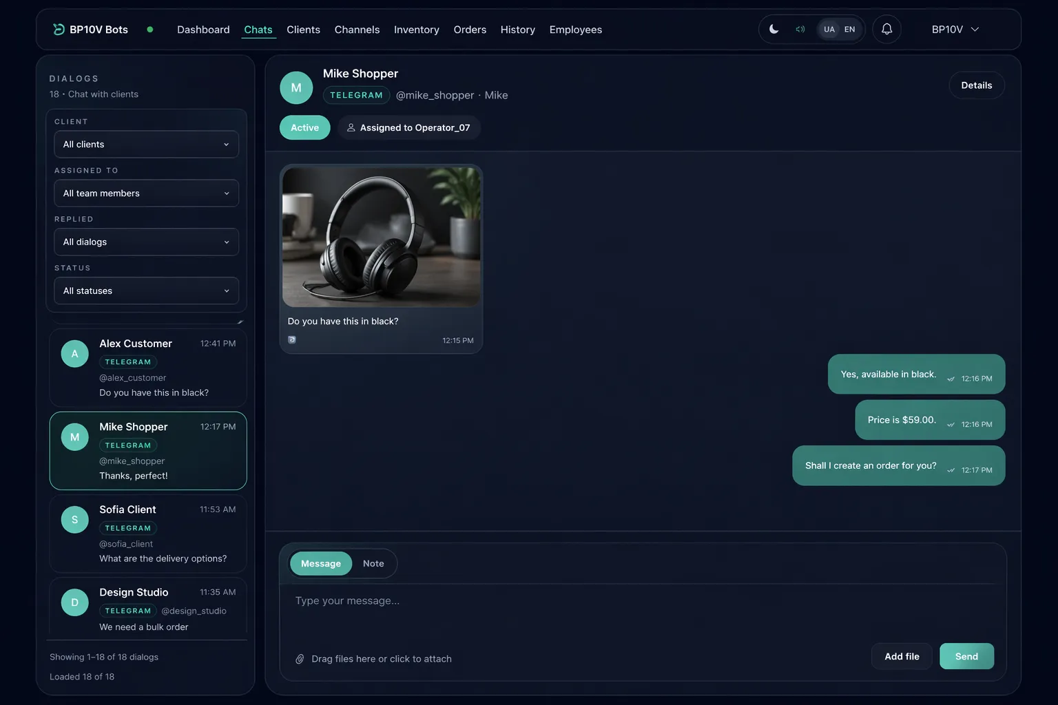 BP10V Bots multichannel inbox with Telegram conversations and assignments
