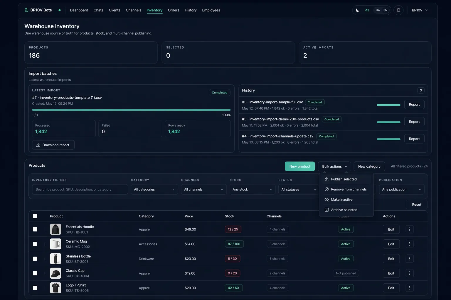 BP10V Bots warehouse inventory with imports and async bulk actions