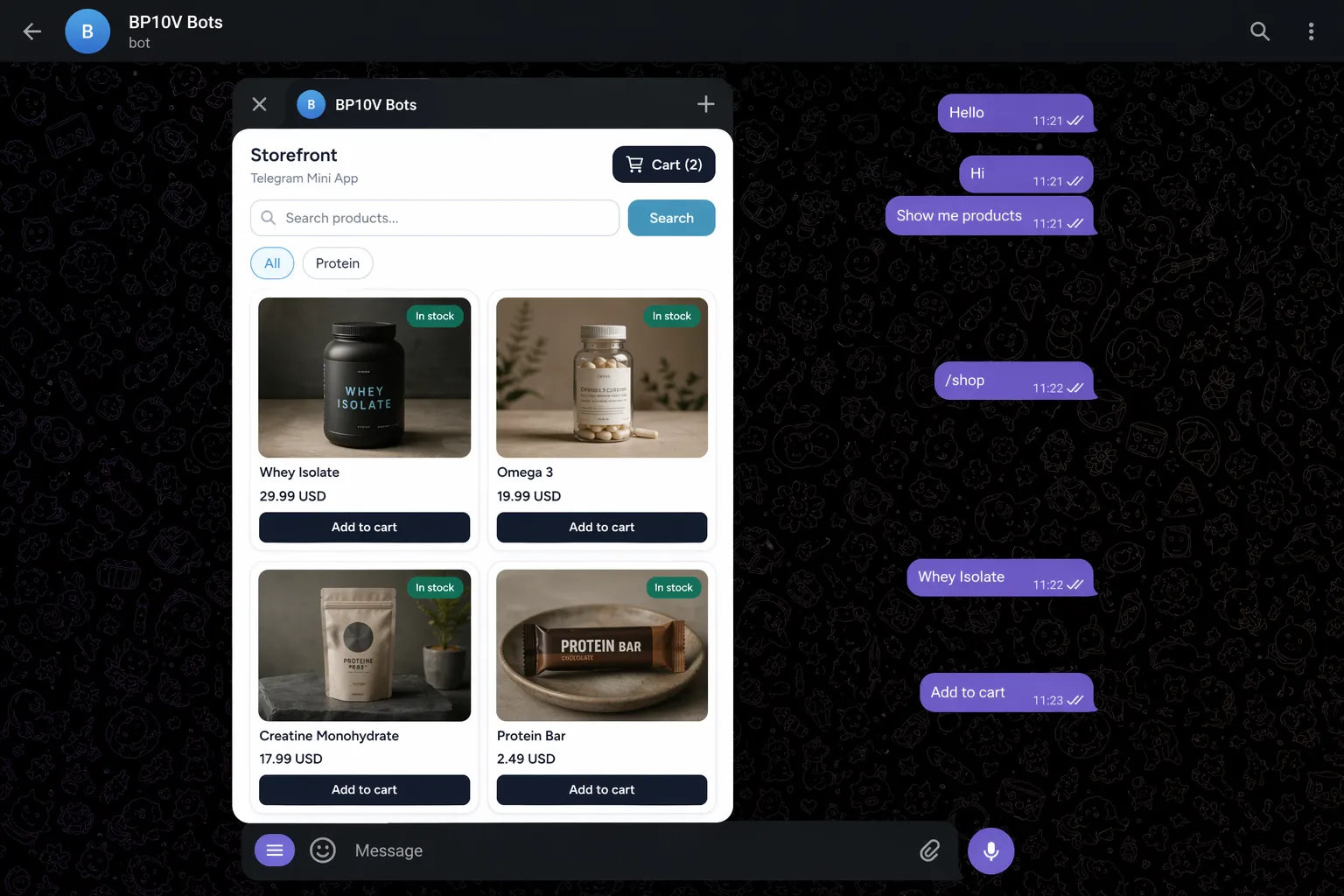 Telegram Mini App storefront opened from a BP10V Bots chat