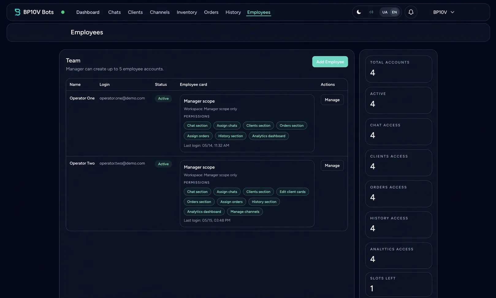 BP10V Bots employee permissions and scoped access management